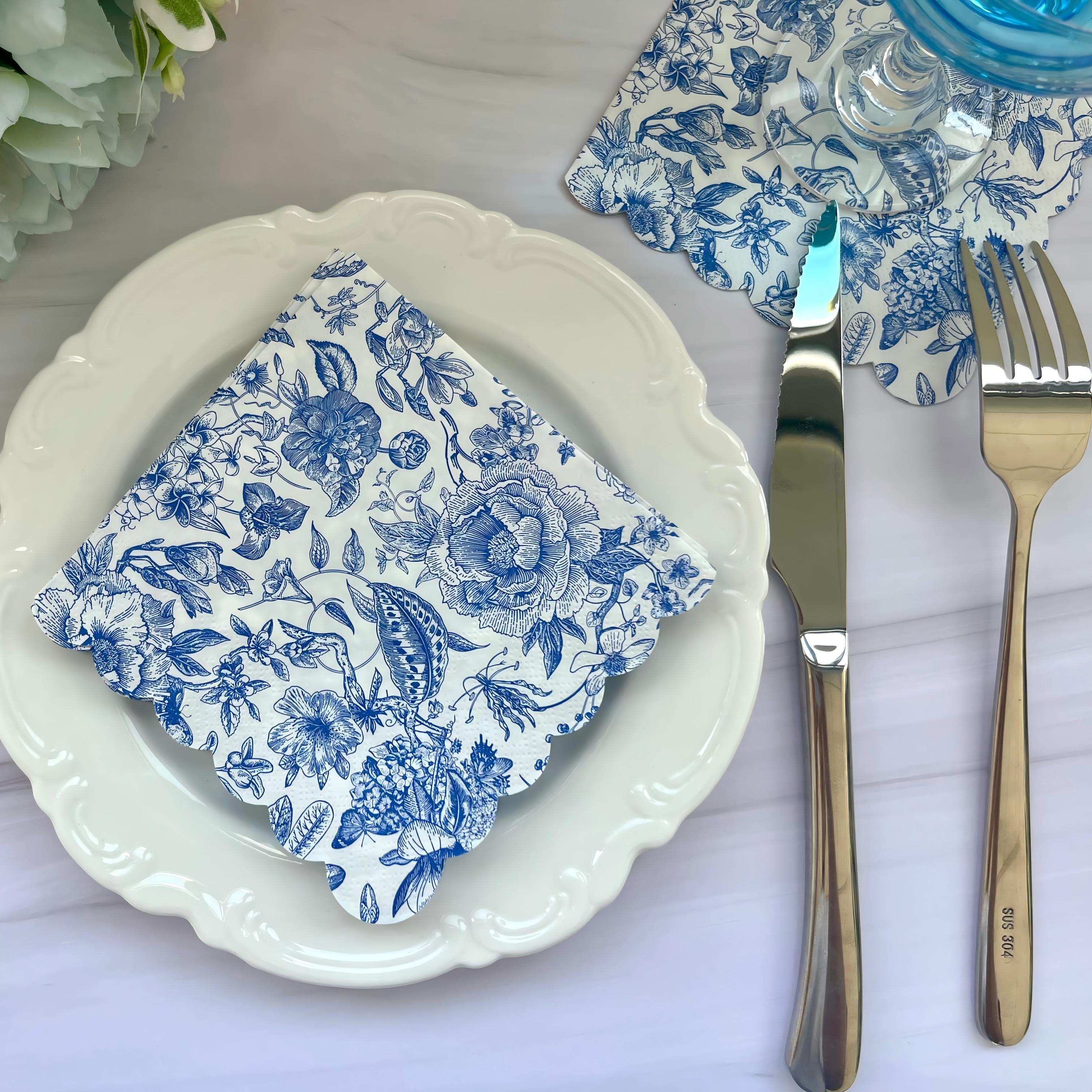 Blå blomster papirservietter Vintage blomster frokostservietter